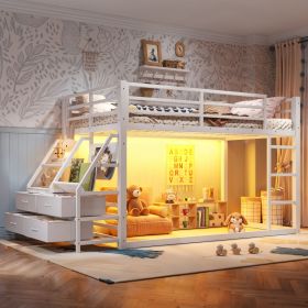 Twin over Twin bunk Bed with Storage Shelves and Drawers, Metal Bunk Bed with LED Lights for Teens, No Box Spring Need.White Twin over Twin bunk Bed with Storage Shelves and Drawers, Metal Bunk Bed with LED Lights for Teens, No Box Spring Need.White