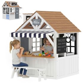 Outdoor Playhouse, Wooden Kids Playhouse with Dog Door, Cookware, Blackboard, Bench, Doorbell for Ages 2+ Outdoor Playhouse, Wooden Kids Playhouse with Dog Door, Cookware, Blackboard, Bench, Doorbell for Ages 2+