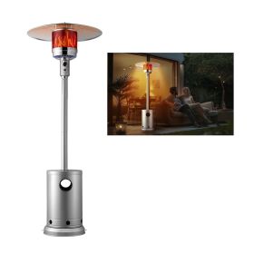 50000 BTU OUTDOOR PROPANE PATIO HEATER, TALL WITH ROUND TABLE, SILVER. 50000 BTU OUTDOOR PROPANE PATIO HEATER, TALL WITH ROUND TABLE, SILVER.
